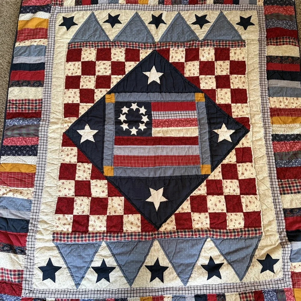 Vintage Patriotic Americana Quilt Betsy Ross Flag Stars 50 x 60 Folk Art